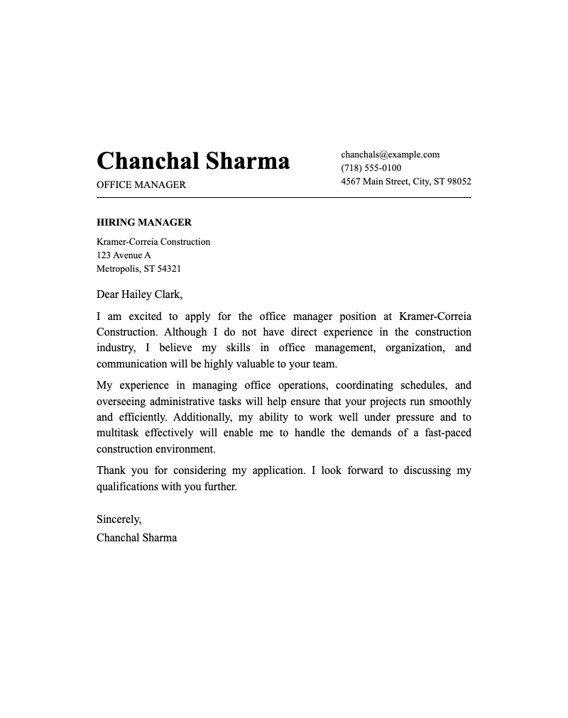 Classic office manager cover letter - Professional cover letter template featuring header with contact info, recipient details, and formatted body text ideal for job applications.
